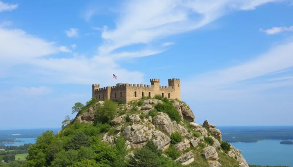 Generate an image of the Ha Ha Tonka Castle Ruins perched atop a bluff overlooking the Lake of the Ozarks.