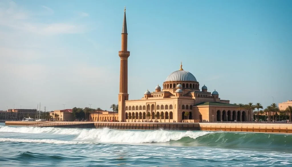 Generate an image of the Hassan II Mosque with its majestic minaret and stunning oceanfront location.