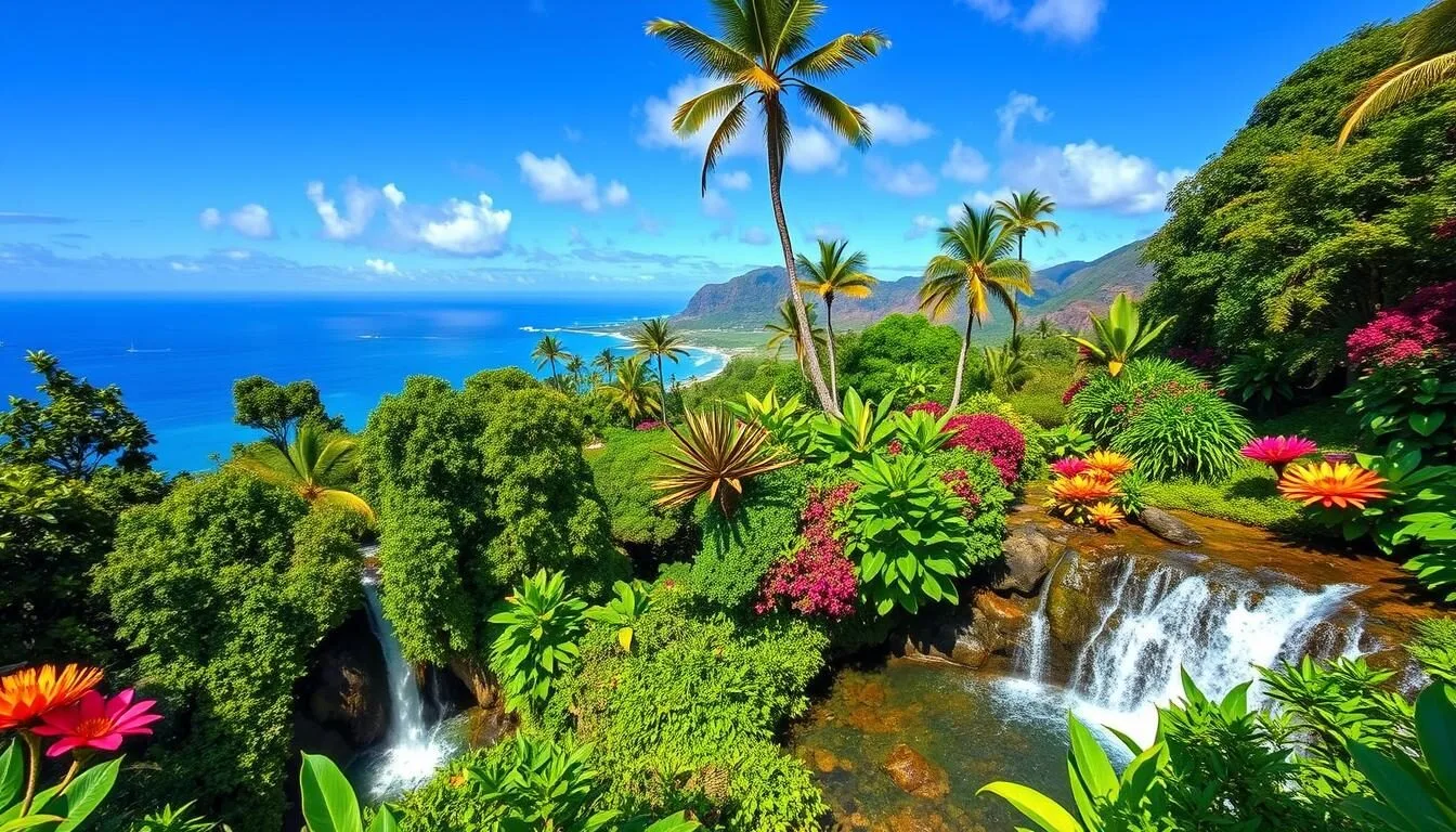Generate an image of the Hawaii Tropical Botanical Garden's lush landscape with waterfalls and ocean views.