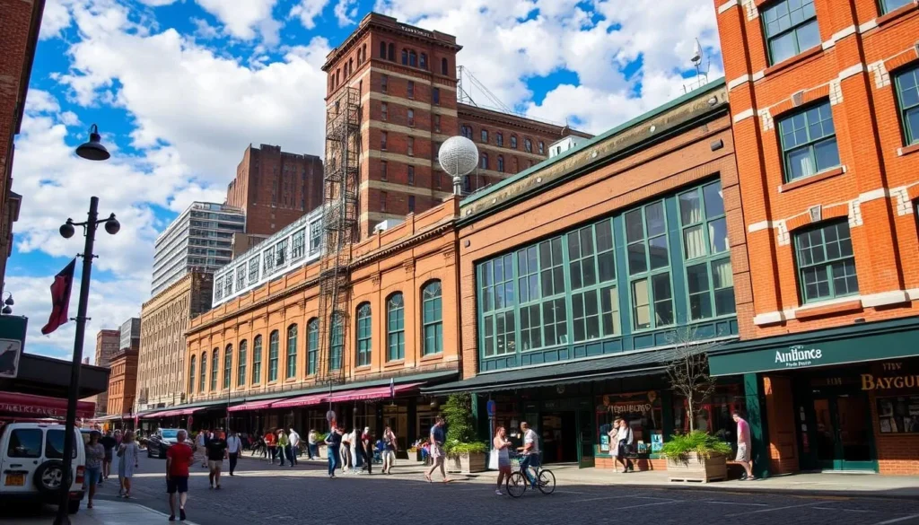 Generate an image of the Haymarket District, showcasing its vibrant atmosphere and converted warehouses.