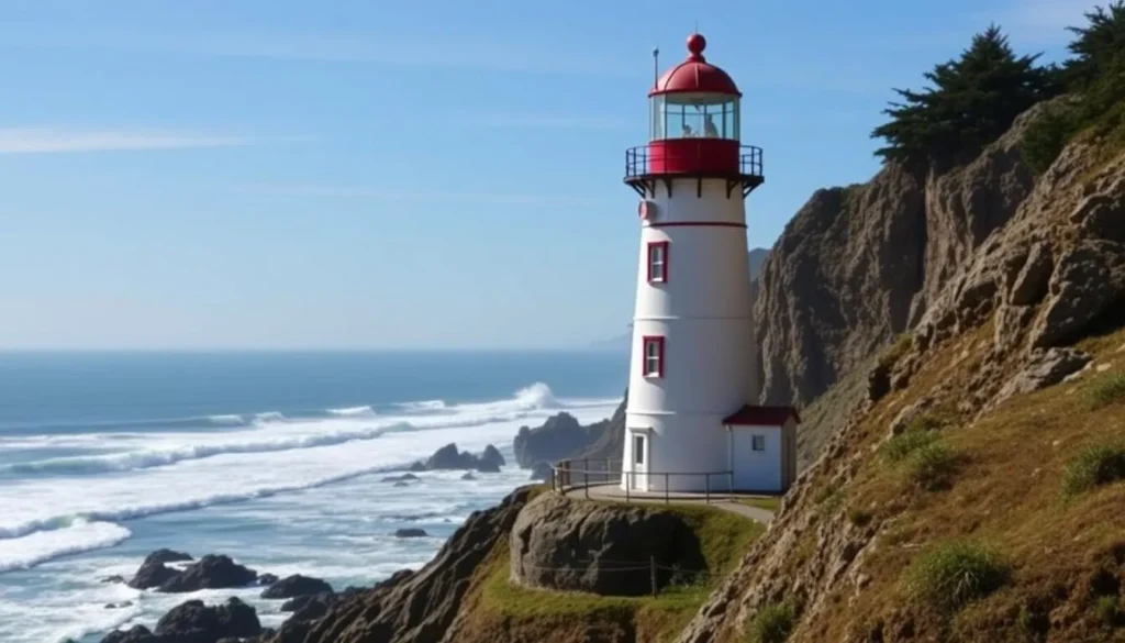 Generate an image of the Heceta Head Lighthouse with its distinctive red and white exterior.