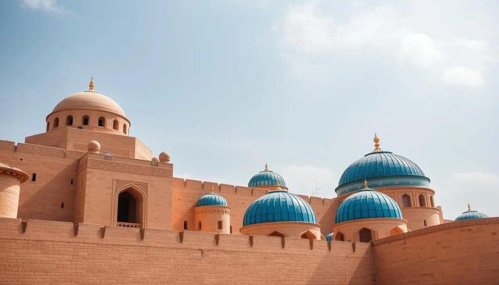 Generate an image of the Herat Citadel, showcasing its massive mud-brick structure and blue-tiled domes.