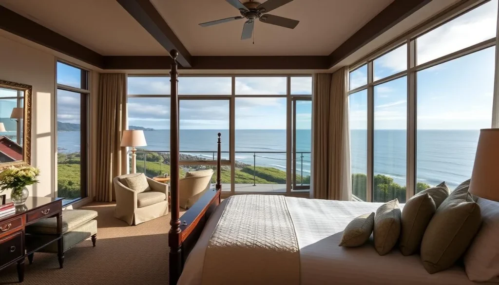 Generate an image of the Heritage House Resort and Spa Mendocino's luxurious ocean-view room.