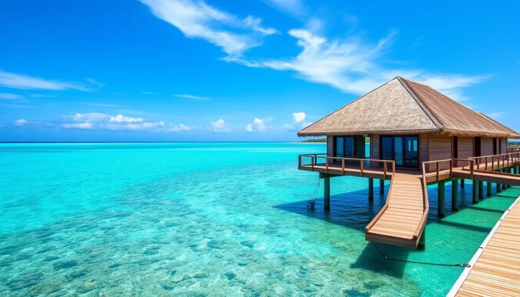 Generate an image of the Hilton Moorea Lagoon Resort & Spa's overwater bungalow with a stunning view of the lagoon.