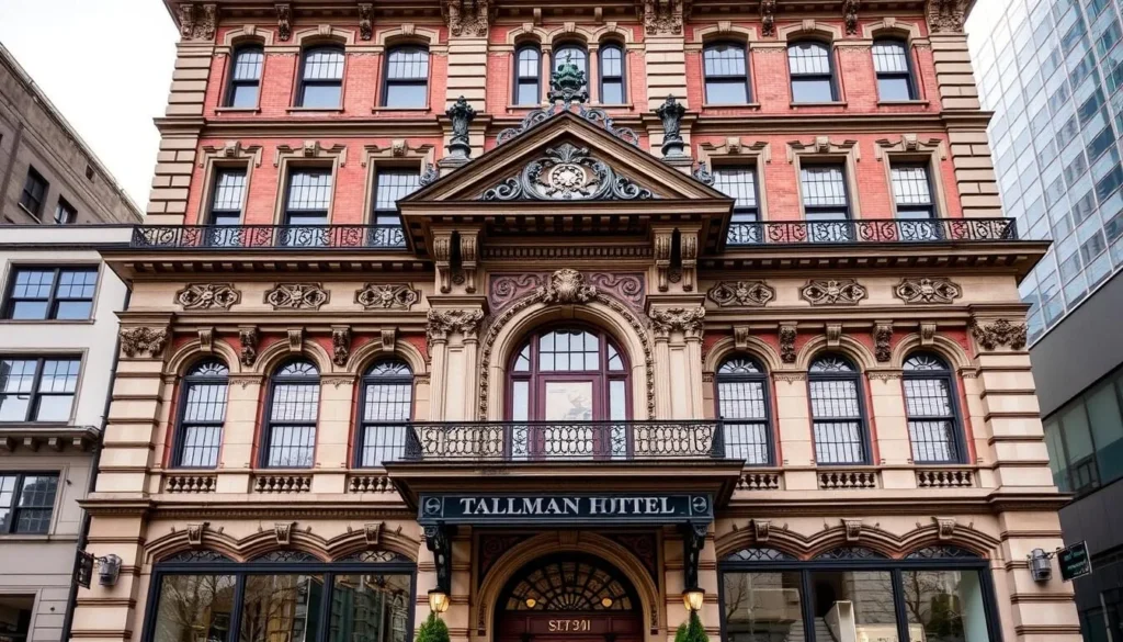 Generate an image of the Historic Tallman Hotel's grand facade.