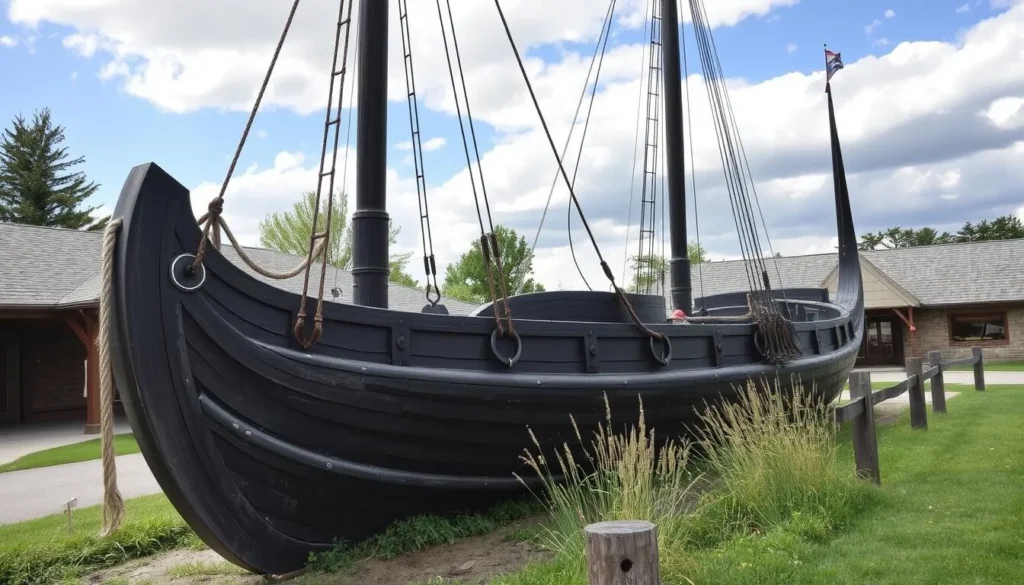 Generate an image of the Hjemkomst Viking Ship replica at the Hjemkomst Center in Moorhead.
