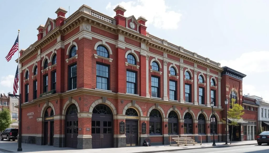 Generate an image of the Hoboken Fire Department Museum's 19th-century firehouse facade.