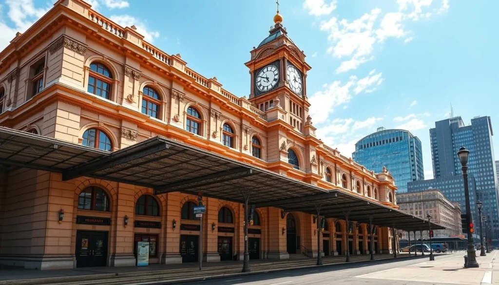 Generate an image of the Hoboken Terminal with its Beaux-Arts style architecture and 225-foot-tall clock tower.
