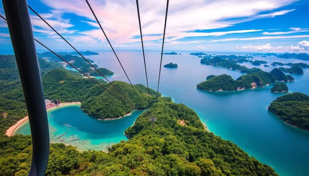 Generate an image of the Hon Thom Cable Car ride with a stunning view of the ocean and surrounding islands.