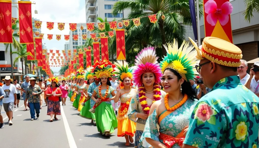 Generate an image of the Honolulu Festival parade with participants in traditional attire.