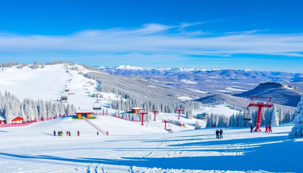 Generate an image of the HooDoo Ski Area with snow-covered slopes and ski lifts operating.