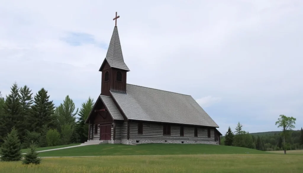 Generate an image of the Hopperstad Norwegian Stave Church in Fargo.