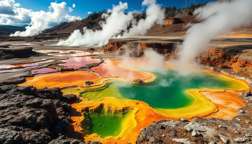 Generate an image of the Hot Creek Geological Site featuring its vibrant geothermal pools and steaming fumaroles.