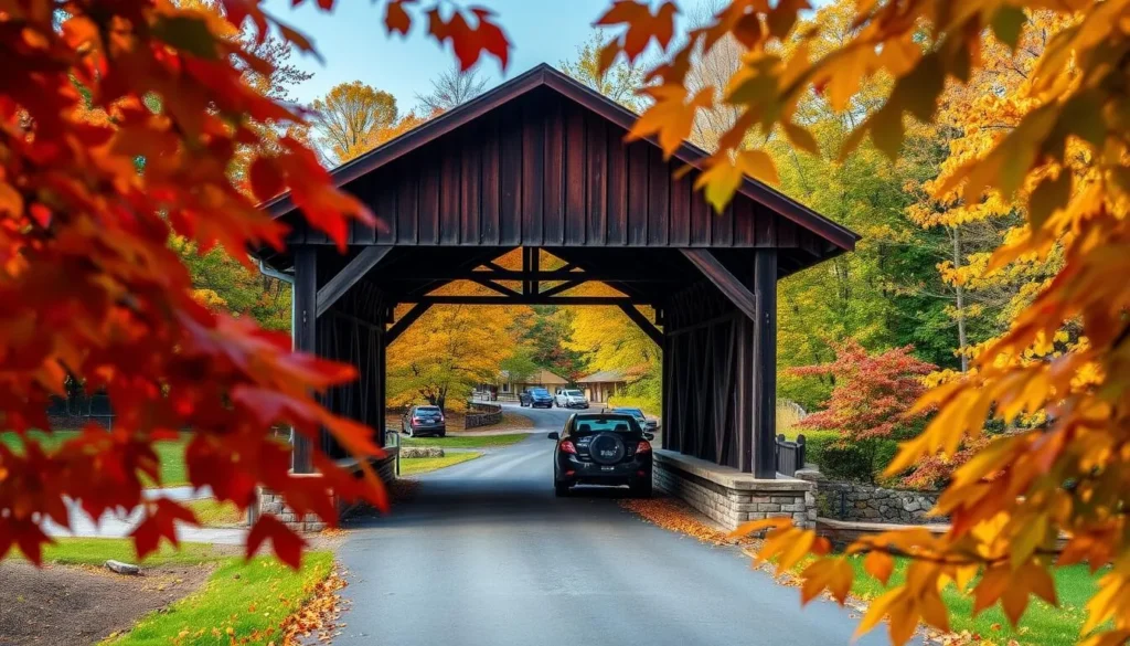 Generate an image of the Hyde Road Covered Bridge in Yellow Springs, Ohio, with autumn foliage surrounding it.