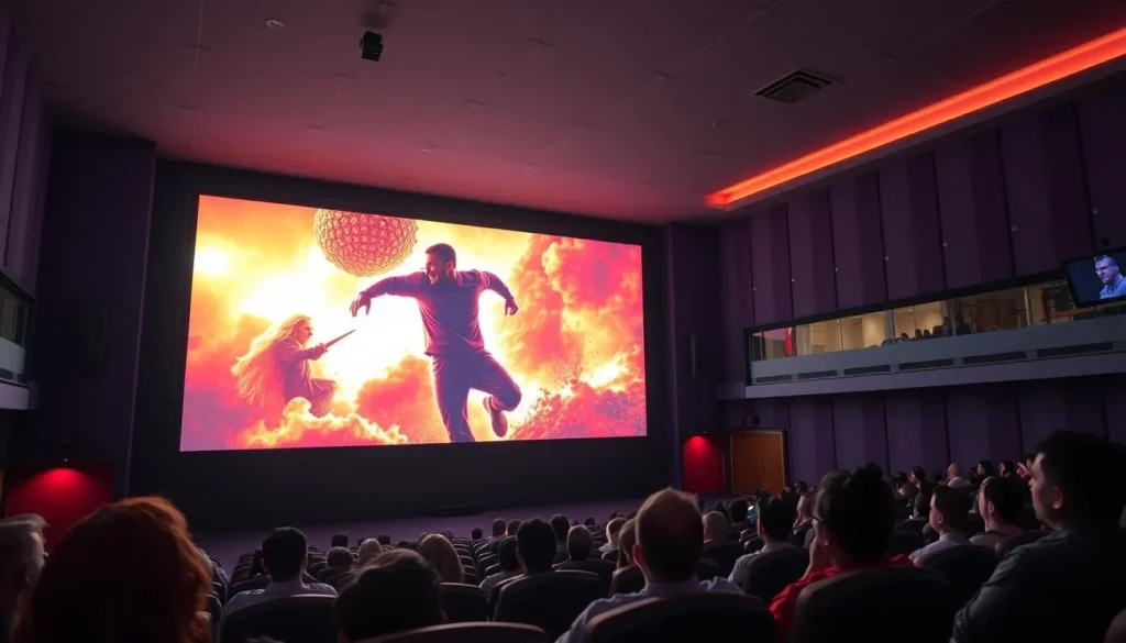 Generate an image of the Ibom Tropicana Entertainment Center's modern cinema with a large screen showing a current blockbuster movie.