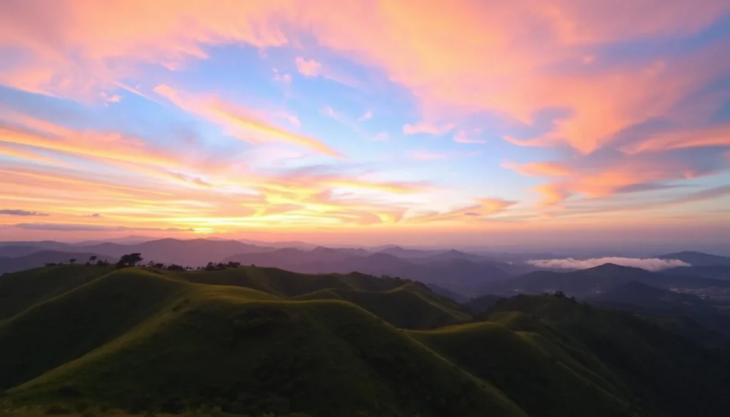 Generate an image of the Idanre Hills at sunrise