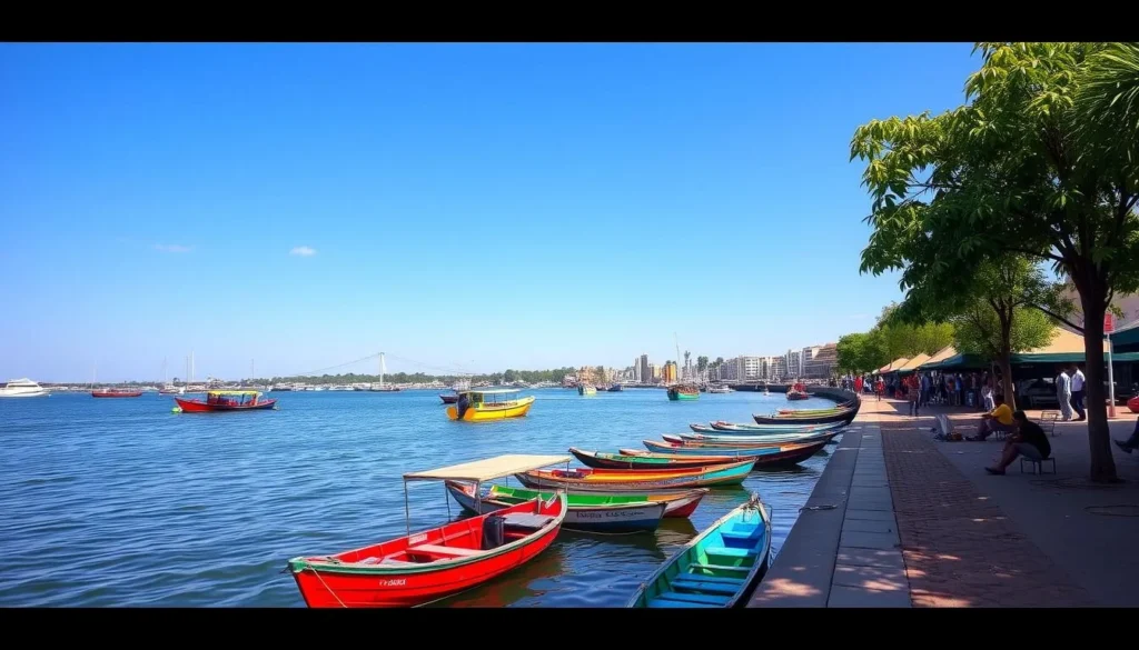 Generate an image of the Ikorodu waterfront with boats and people enjoying the view.