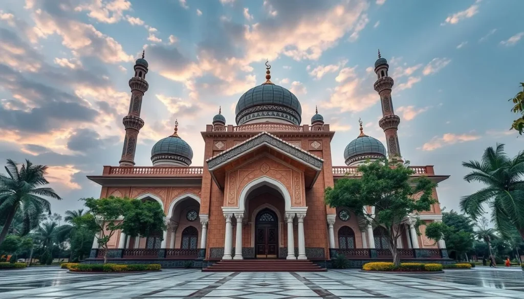 Generate an image of the Ilorin Central Mosque's majestic architecture, showcasing its intricate designs and serene surroundings.