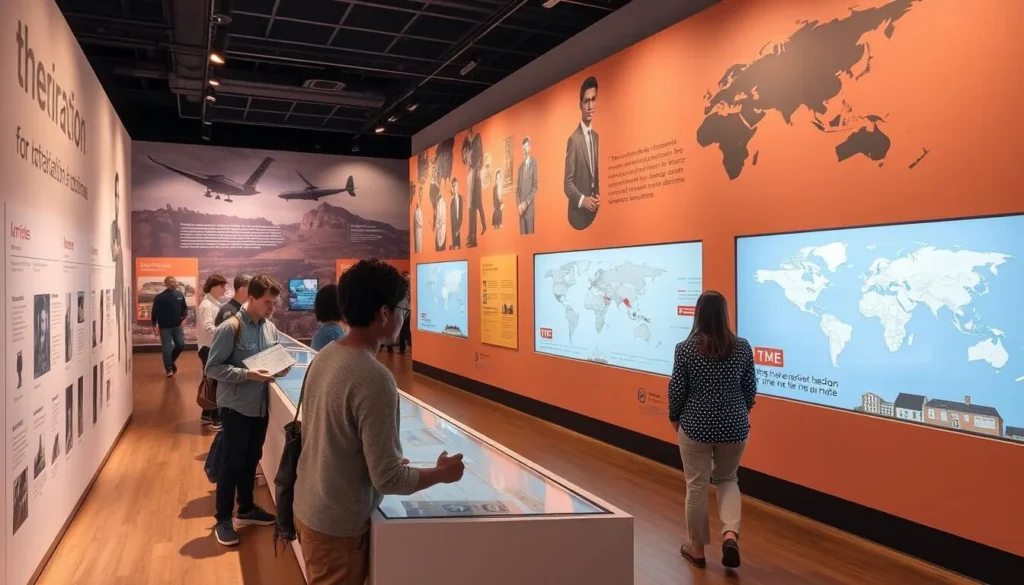 Generate an image of the Immigration Museum's interactive exhibits, showcasing the stories of people who have migrated to Australia.