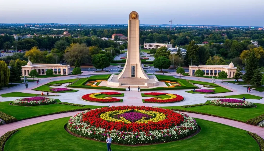 Generate an image of the Independence Monument in Ashgabat, Turkmenistan, with the surrounding park and its beautifully landscaped gardens.