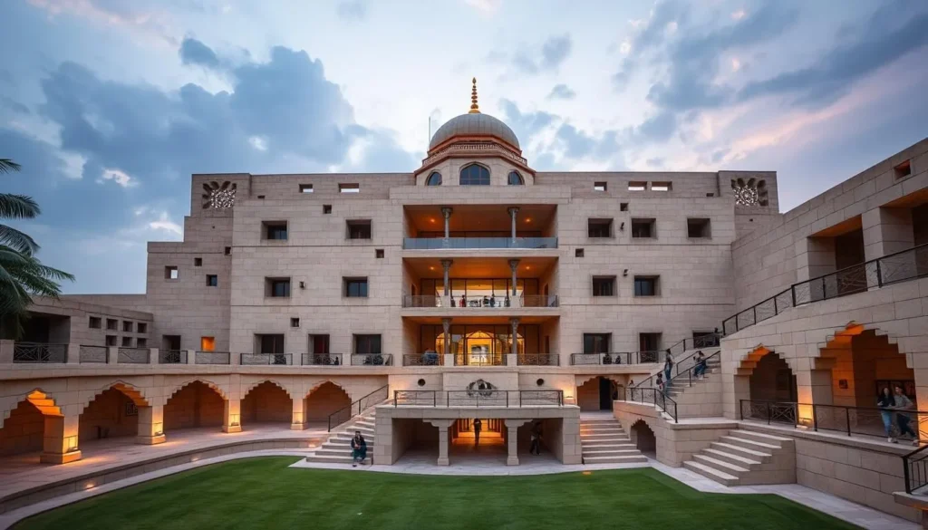 Generate an image of the Indian Heritage Centre's striking contemporary building inspired by traditional Indian stepwells.