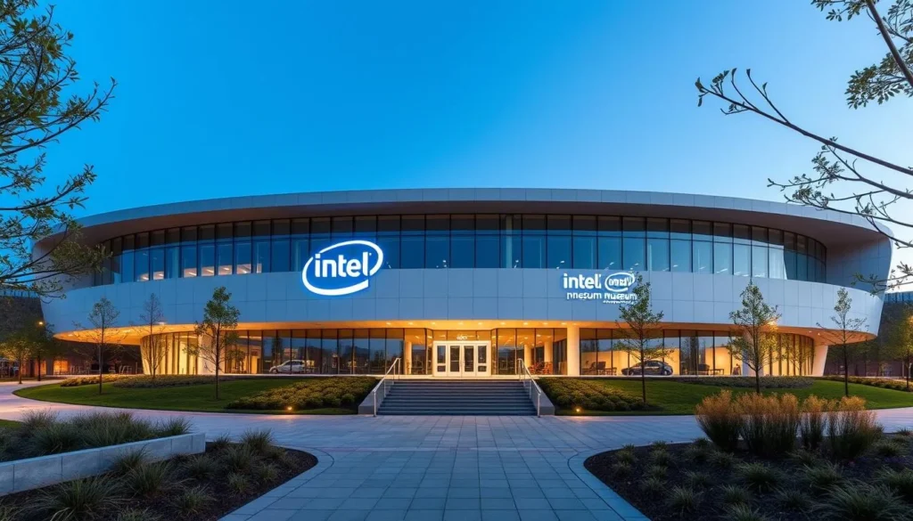 Generate an image of the Intel Museum's exterior, showcasing its modern architecture and surrounding landscape.