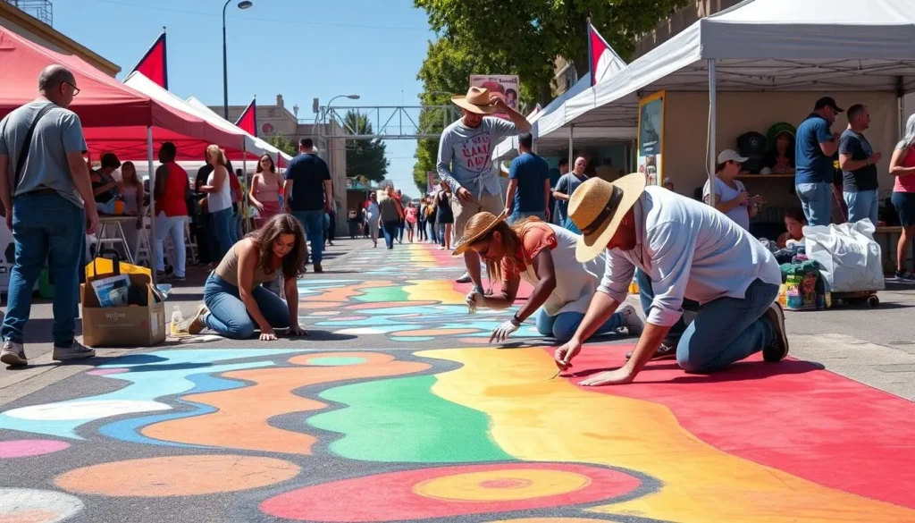 Generate an image of the Italian Street Painting Festival in San Rafael, with artists creating vibrant street art.