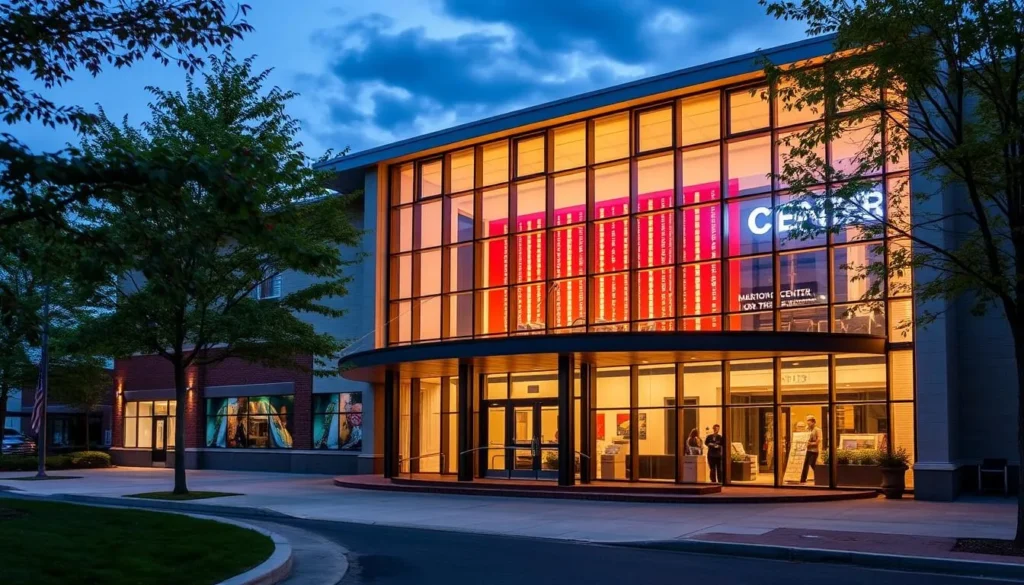 Generate an image of the J. Scheidegger Center for the Arts' striking facade, highlighting its unique design and cultural significance.