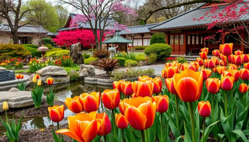Generate an image of the Japanese garden at Tulsa Botanic Garden during spring with blooming tulips.