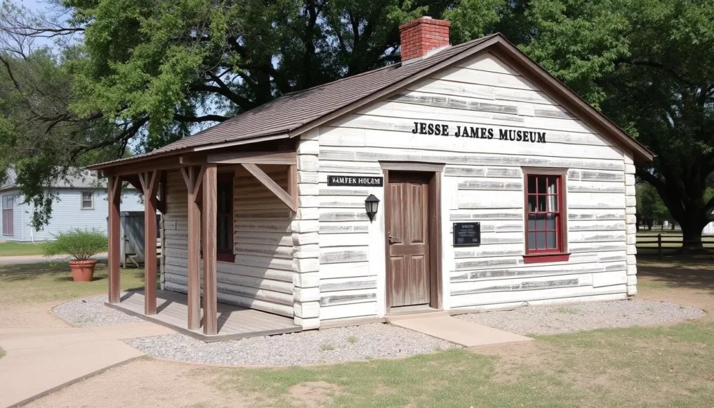Generate an image of the Jesse James Home Museum, a small, one-story house with a preserved bullet hole in the wall.