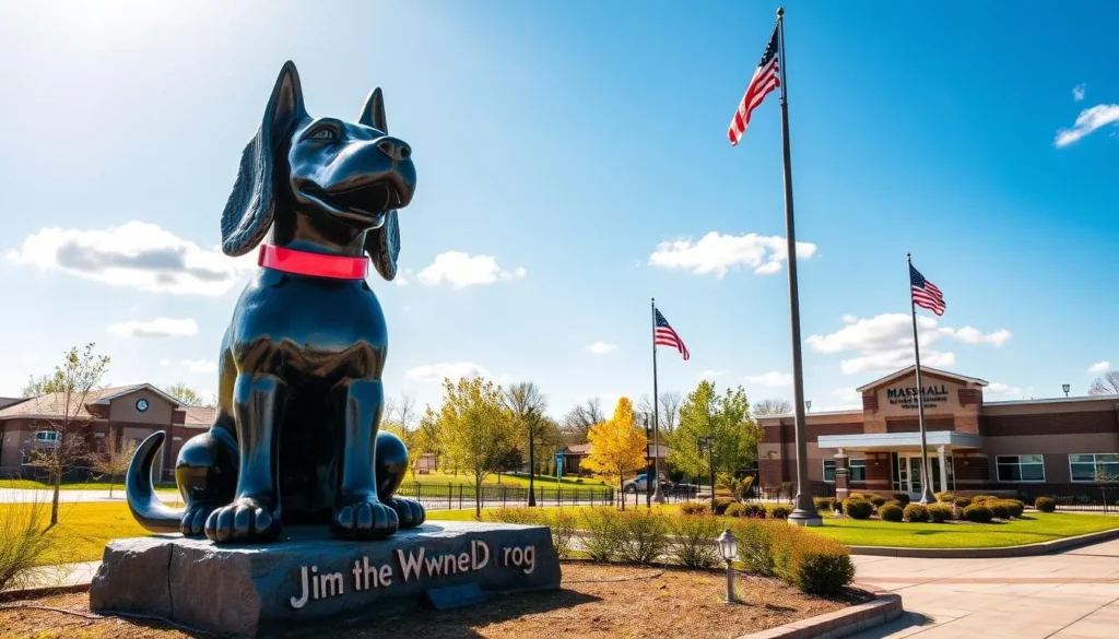 Generate an image of the Jim the Wonder Dog statue in Marshall, Missouri.