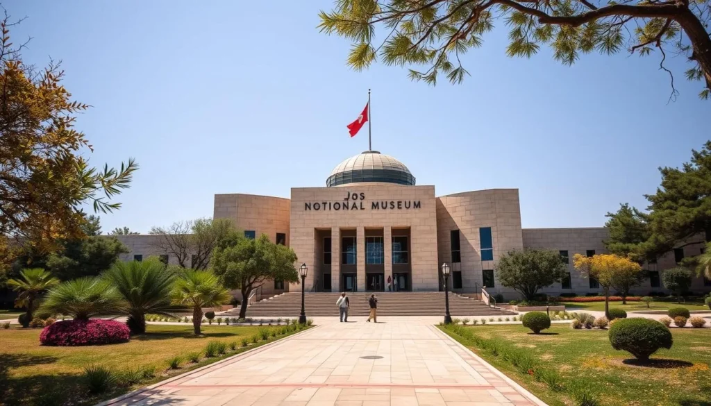 Generate an image of the Jos National Museum's exterior, showcasing its architectural design and surroundings.