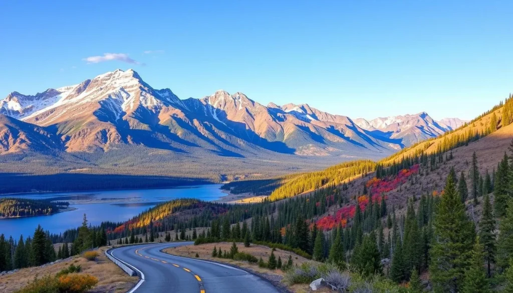 Generate an image of the June Lake Loop scenic drive with the Sierra Nevada mountains in the background