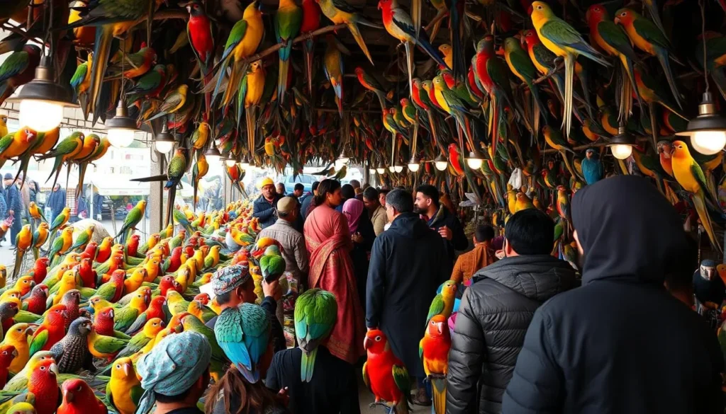 Generate an image of the Kabul Bird Market, capturing the vibrant atmosphere with various bird species on display.