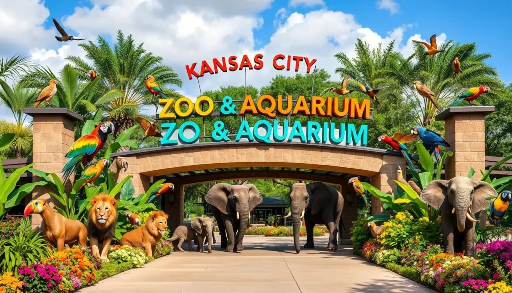 Generate an image of the Kansas City Zoo & Aquarium's main entrance with a large sign and a variety of animals in the background.