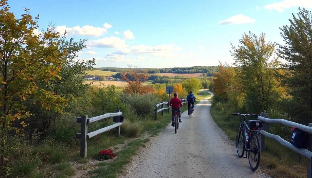 Generate an image of the Katy Trail in Sedalia, Missouri, showcasing its scenic views and accessibility for walkers, bikers, and horseback riders.