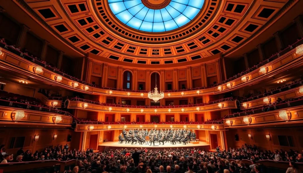 Generate an image of the Kauffman Center's grand hall, showcasing its elegant design and performing arts companies.