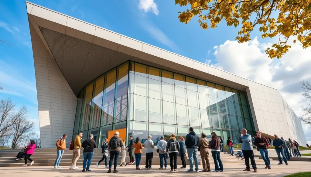 Generate an image of the Kemper Museum of Contemporary Art's exterior with visitors admiring its unique architecture.