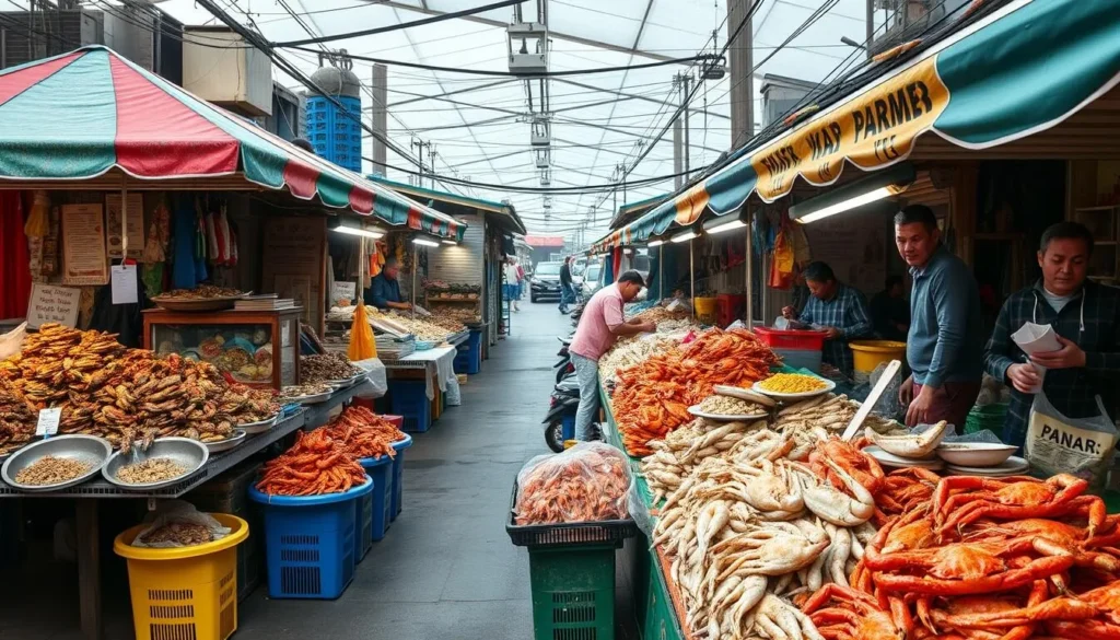 Generate an image of the Kep Crab Market with vibrant stalls and fresh seafood on display.