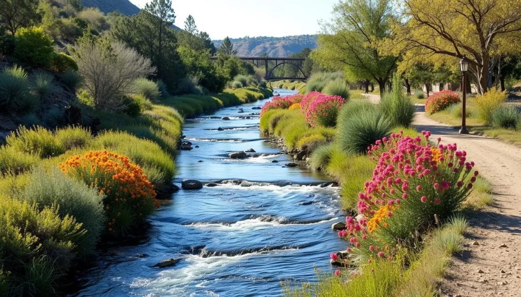 Generate an image of the Kern River Parkway Trail with the Kern River and surrounding landscape.