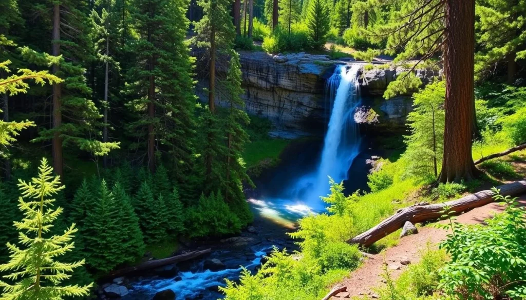 Generate an image of the Kings Creek Falls Trail in Lassen Volcanic National Park, showcasing its lush forest and waterfall.