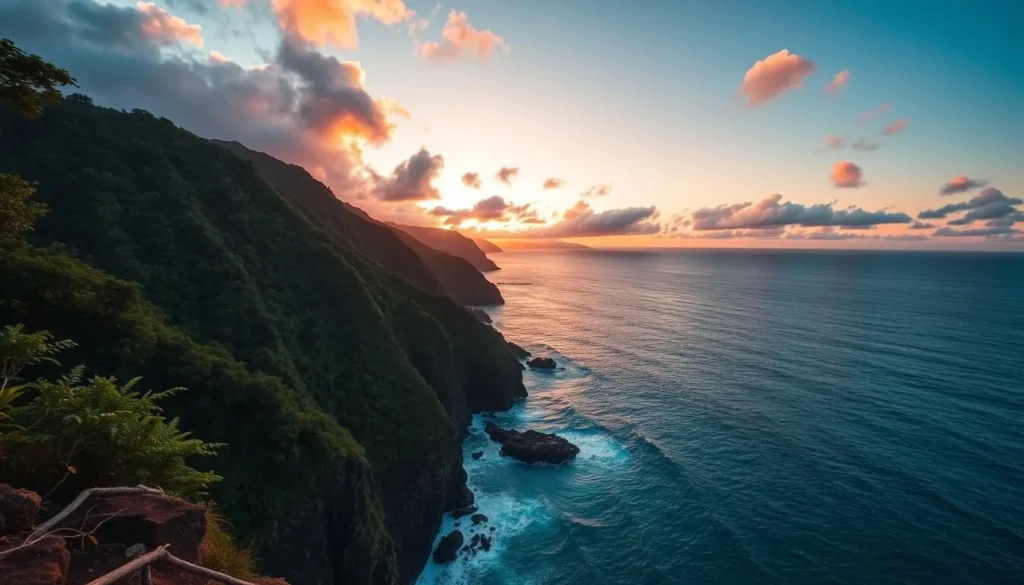 Generate an image of the Kīpahulu District's coastal landscape with lush rainforests and dramatic cliffs.