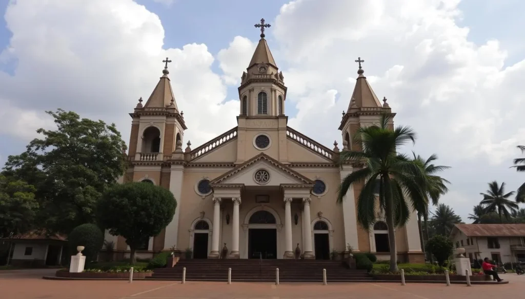 Generate an image of the Kisangani Cathedral, also known as Our Lady of the Rosary Cathedral, showcasing its unique architectural style.