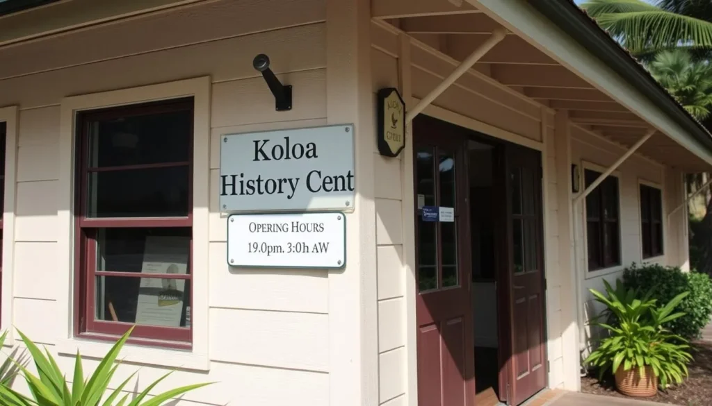 Generate an image of the Koloa History Center building with a sign displaying its hours.