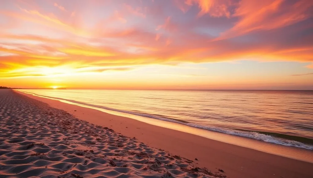 Generate an image of the Lake Erie shoreline with beautiful beaches and sunsets.