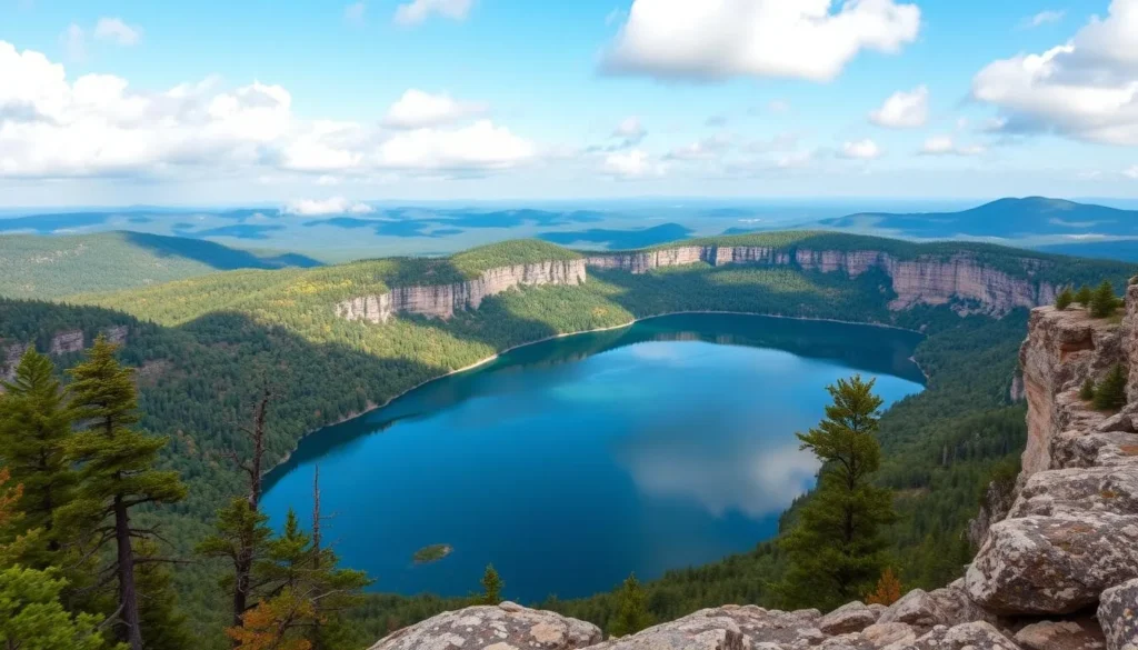 Generate an image of the Lake of the Clouds overlook in Porcupine Mountains Wilderness State Park.