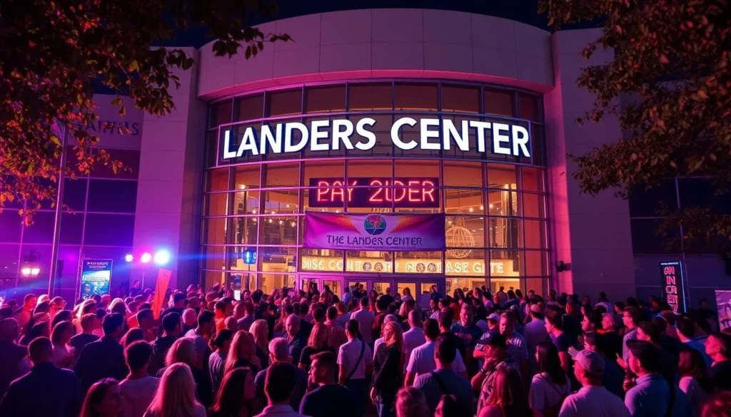 Generate an image of the Landers Center's exterior with a large crowd gathered outside, indicating a popular event.