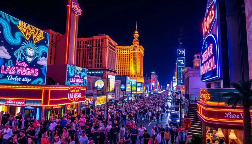 Generate an image of the Las Vegas Strip at night with its vibrant lights and bustling atmosphere.