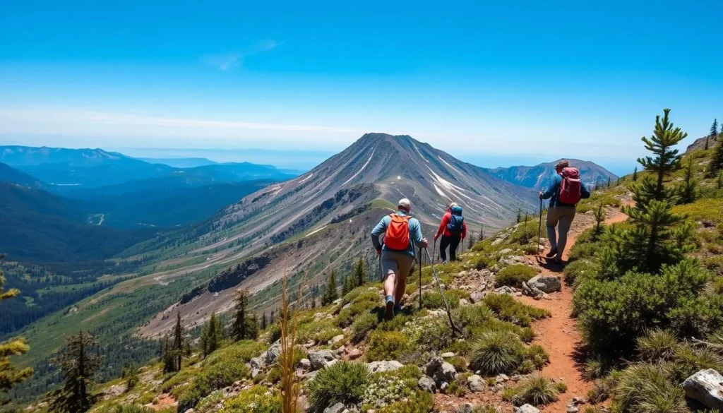 Generate an image of the Lassen Peak Trail with hikers ascending towards the summit.
