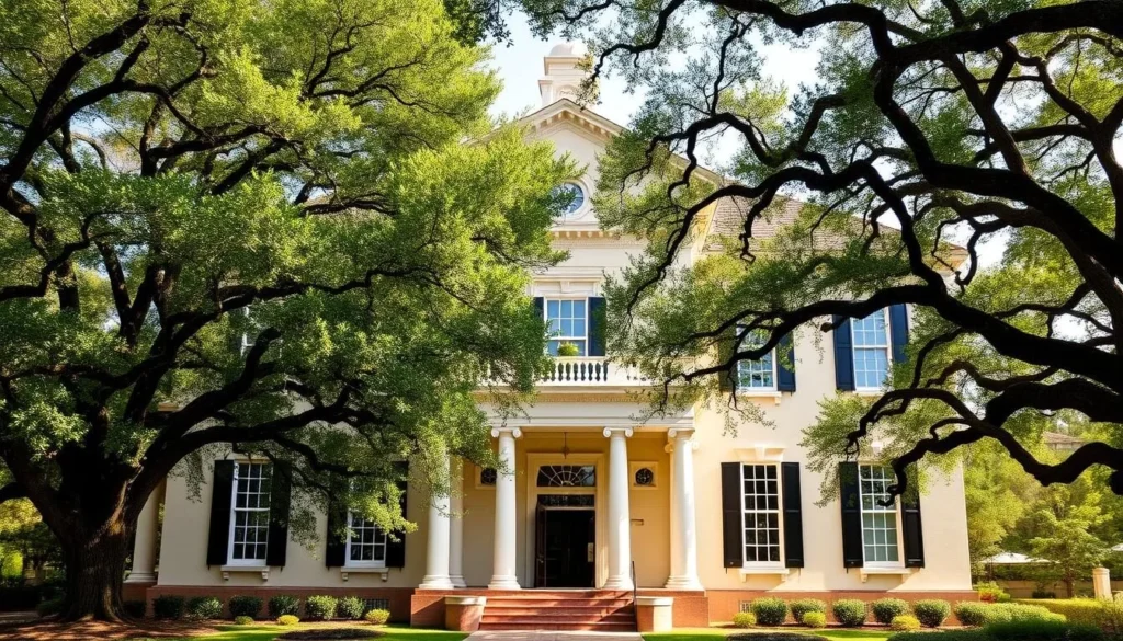 Generate an image of the Lauren Rogers Museum of Art's exterior, showcasing its Georgian Revival architecture surrounded by live oak trees.